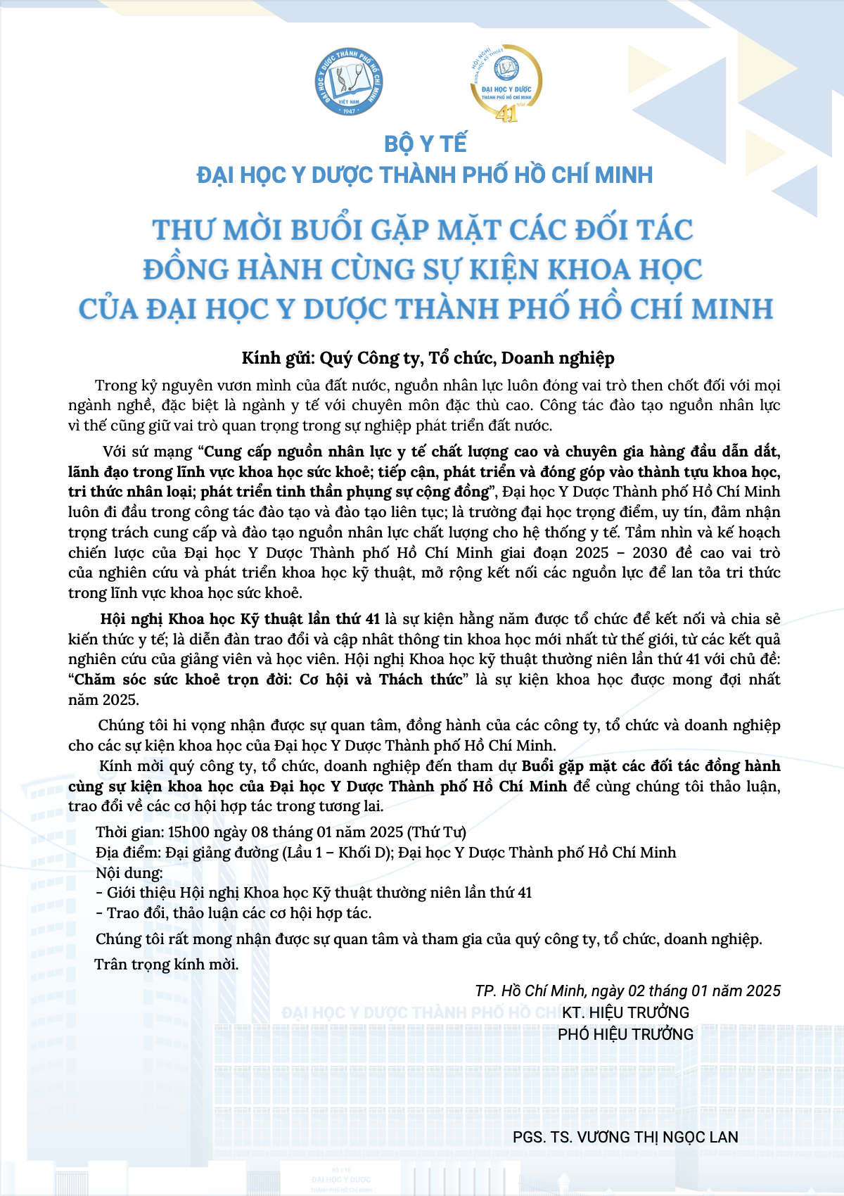 THƯ MỜI BUỔI GẶP MẶT CÁC ĐỐI TÁC ĐỒNG HÀNH CÙNG HỘI NGHỊ - ĐHYD